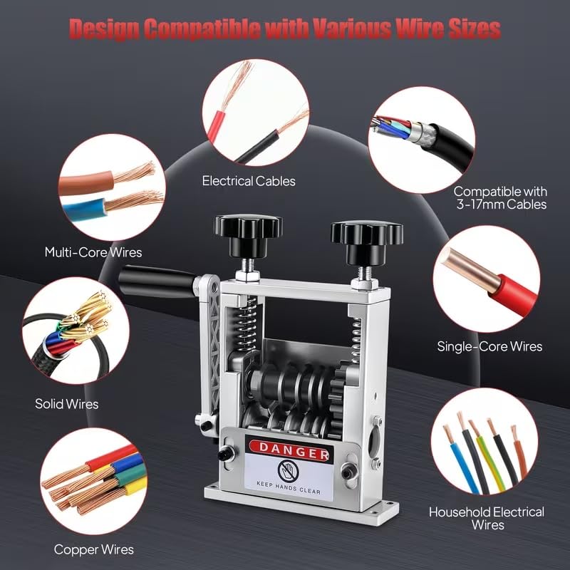 6-IN-1 Manual Wire Stripper Machine Drill-Operated Wire Stripper Tool with Hand Crank 3-17mm Dia Cable, Manual Wire Stripping Machine with 6 Tracks & 5 Carbide Blade