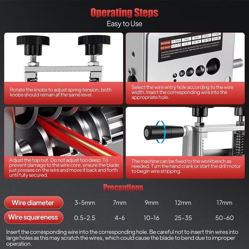 6-IN-1 Manual Wire Stripper Machine Drill-Operated Wire Stripper Tool with Hand Crank 3-17mm Dia Cable, Manual Wire Stripping Machine with 6 Tracks & 5 Carbide Blade
