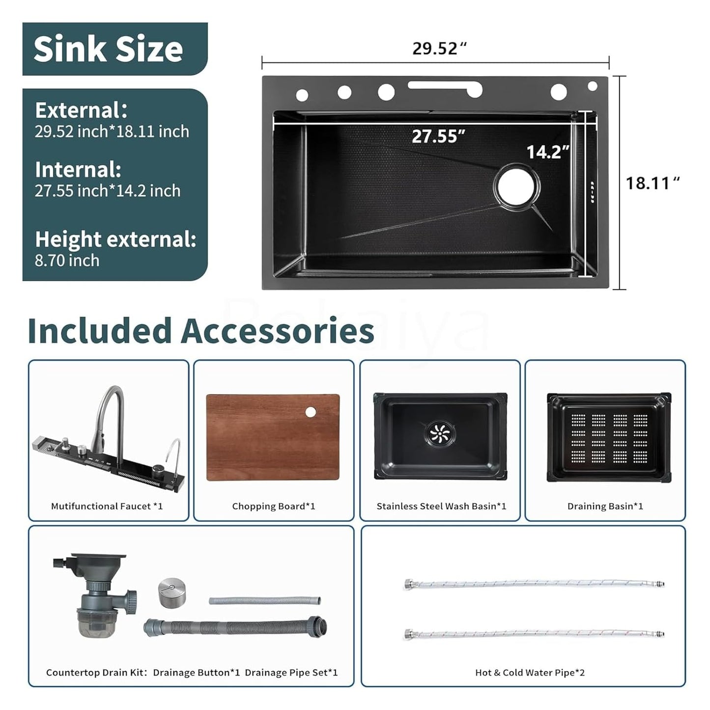 304 Digital Stainless steel Smart Sink for Kitchen  | 30x18x9 Inches | Free Steel Chopping Board | Top Mount, Accessories Included, Honeycomb Design, Nano Coating, Multifunctional