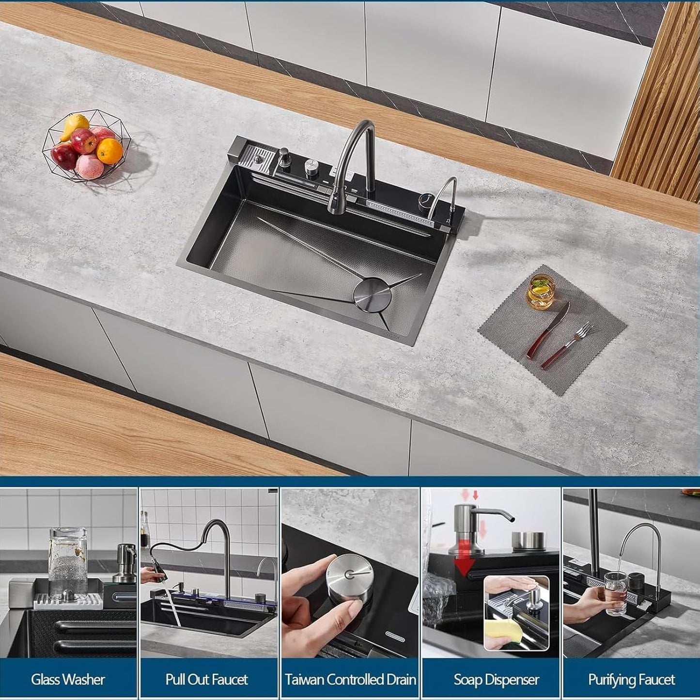304 Digital Stainless steel Smart Sink for Kitchen  | 30x18x9 Inches | Free Steel Chopping Board | Top Mount, Accessories Included, Honeycomb Design, Nano Coating, Multifunctional